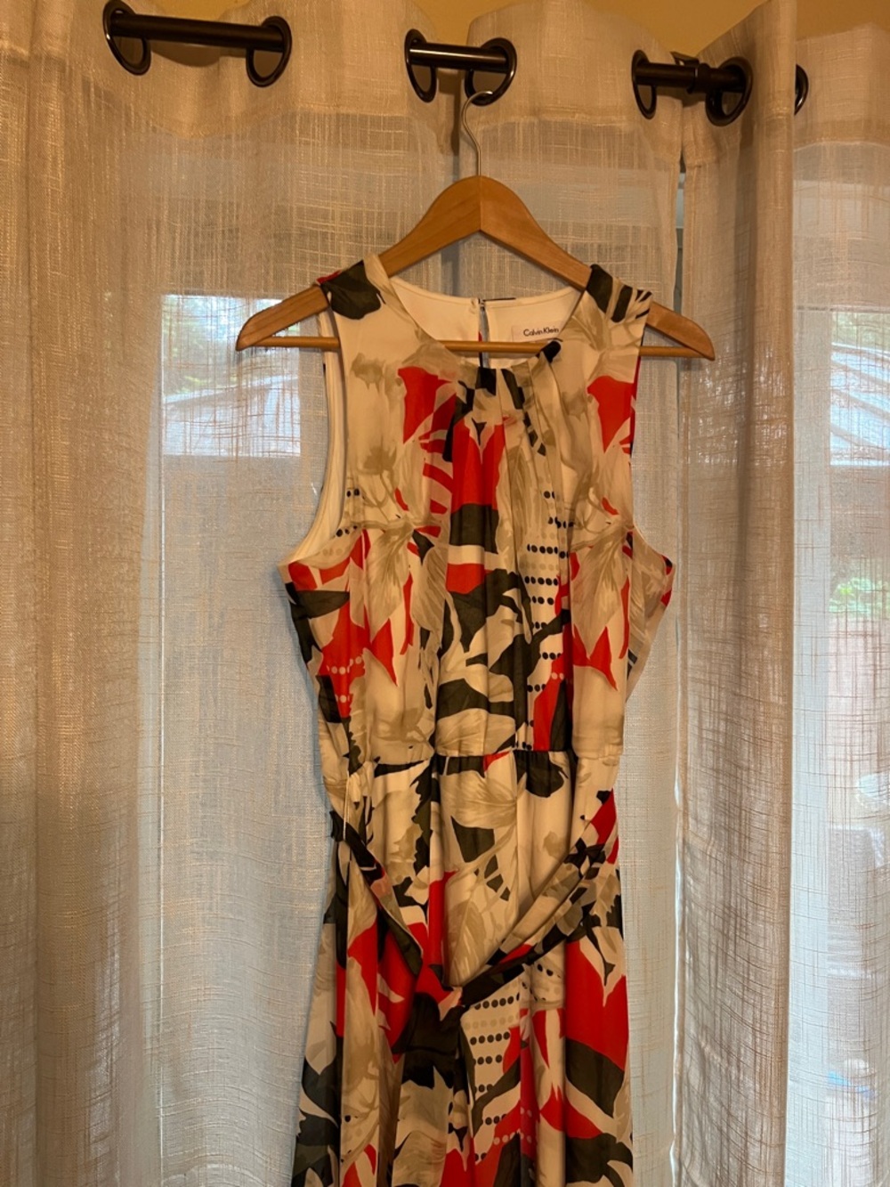 Calvin Klein Sleeveless Maxi Dress in Red, Black & Cream Abstract Print - Picture 3 of 6